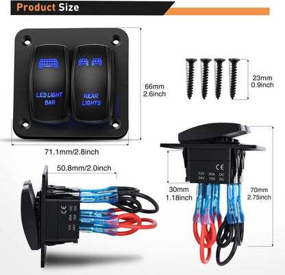 Waywe 2 Gang Rocker Switch Panel LED Light Bar Switch Rear Lights Switch 12 24V DC Blue Switches 5Pin ON Off Pre-Wired Toggle Switch Panel for Cars ATVs UTVs