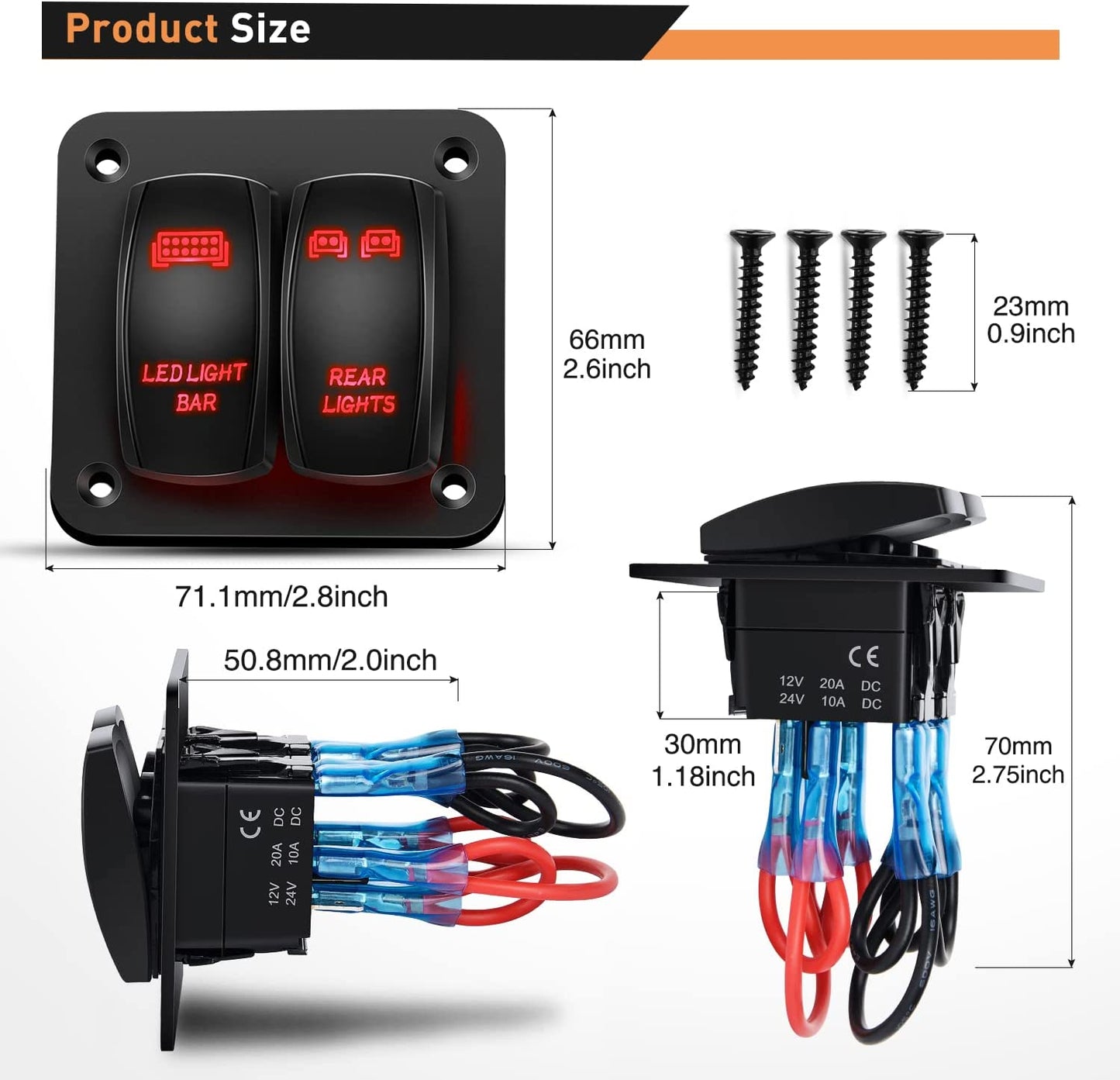 Waywe 2 Gang Rocker Switch Panel LED Light Bar Switch Rear Lights Switch 12 24V DC Red Switches 5Pin ON Off Pre-Wired Toggle Switch Panel for Cars ATVs UTVs