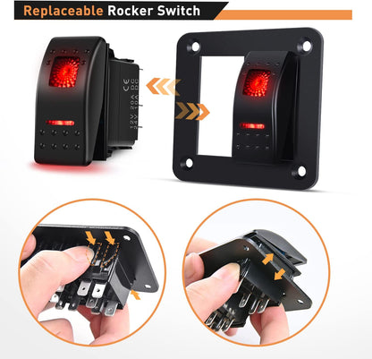 Waywe 2 Gang Rocker Switch Panel 12V 24V DC Red Switches Aluminum Panel 5Pin ON Off PreWired Toggle Switch Panel Waterproof for Cars Boats ATVs UTVs