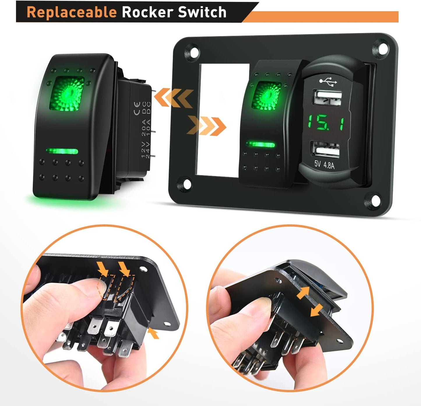 Waywe 2 Gang Rocker Switch Panel Green Backlit with 4.8 Amp Dual USB Charger Voltmeter Waterproof 12V 24V DC Rocker Switch  for Car Trucks Boats RVs