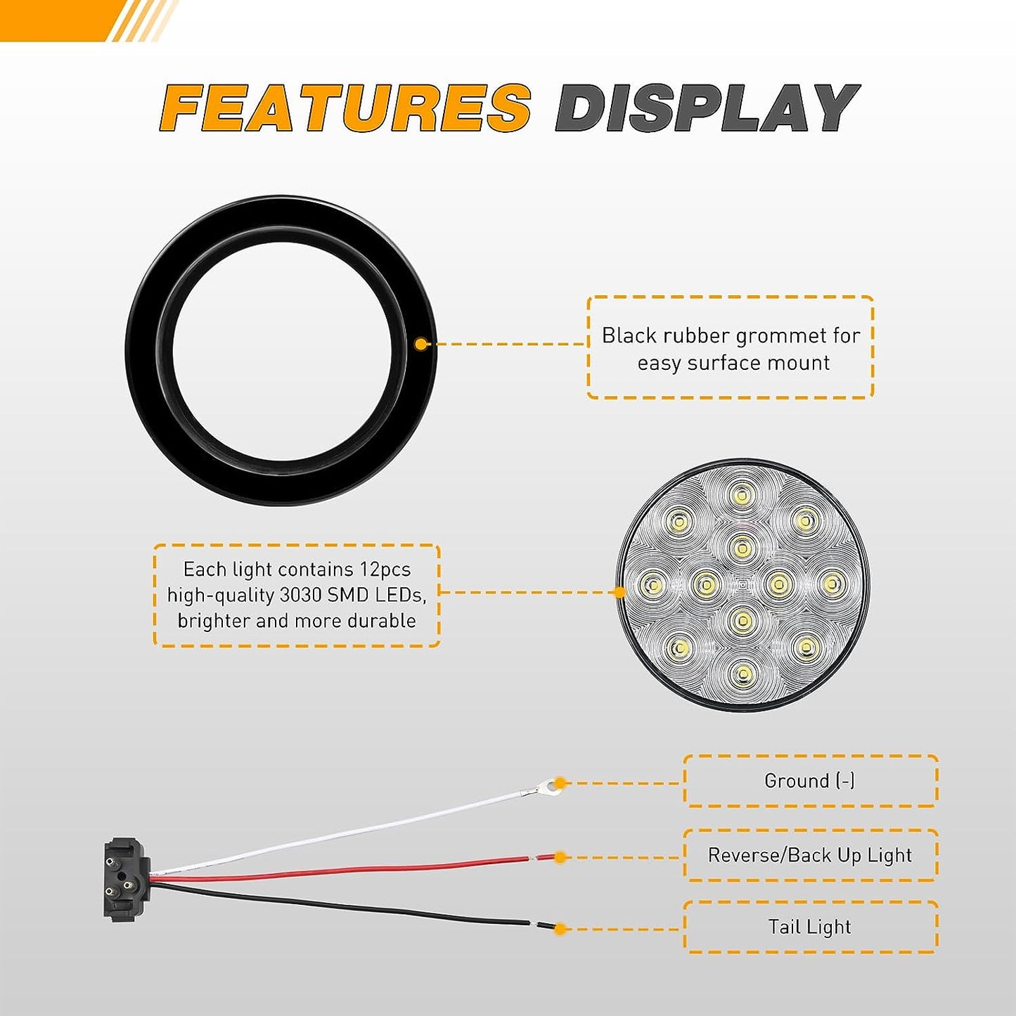 Waywe 4 Inch Round Trailer Tail Light 2 PCS 12 LED Amber Turn Signals Lights w/Surface Mount Grommets Plugs IP67 Waterproof for Truck RV Tractor