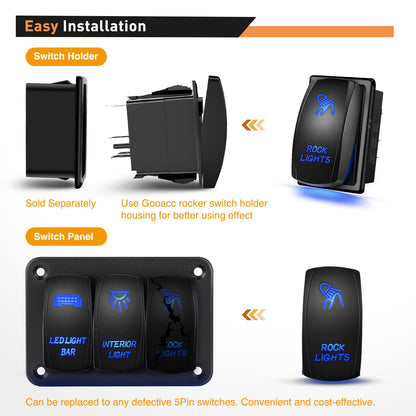 Waywe Rock Lights Rocker Switch Led Light Bar Switch 5Pin Laser On Off SPST switches 20A 12V 10A 24V Switch Blue with Jumper Wires Set for Cars Trucks RVs