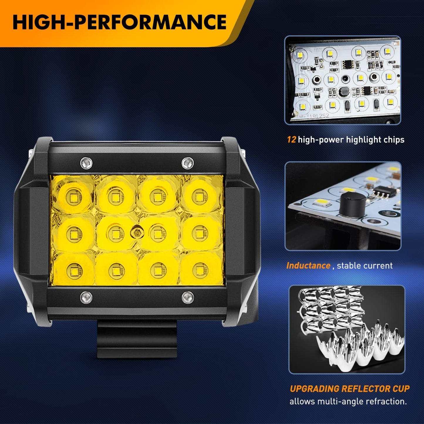 Waywe 2PCS 4" Amber LED Pods 36W Triple Row Flood Light Bar Fog Light 3600LM Driving Lighting with 16AWG Off Road Wiring Harness-2 Leads for Truck Golf Cart SUV ATV UTV Boat, Clear,Yellow