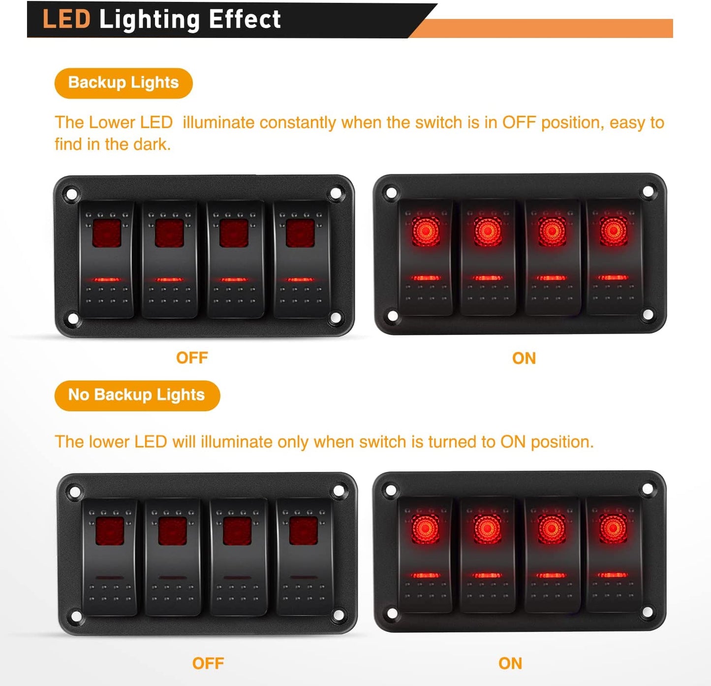 Waywe 4 Gang Rocker Switch Panel 5Pin On Off Toggle Switch Aluminum Holder 12V 24V Dash Pre-Wired Red Backlit Switches for Automotive Cars Marine Boats RVs Truck