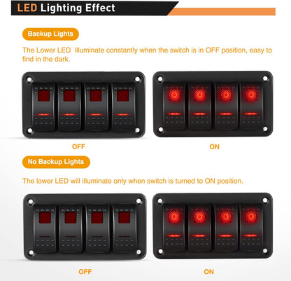Waywe 4 Gang Rocker Switch Panel 5Pin On Off Toggle Switch Aluminum Holder 12V 24V Dash Pre-Wired Red Backlit Switches for Automotive Cars Marine Boats RVs Truck