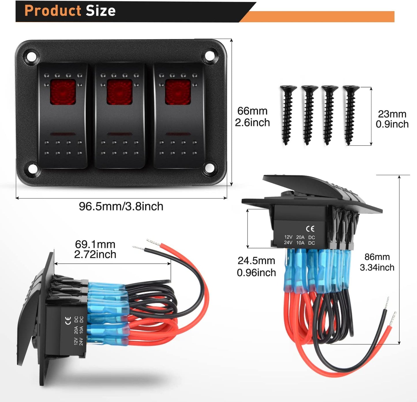 Waywe 3 Gang Aluminum Rocker Switch Panel Toggle Dash 5 Pin ON Off Pre Wired Rocker Switch Red Backlit Switch for Automotive Cars Boats RVs