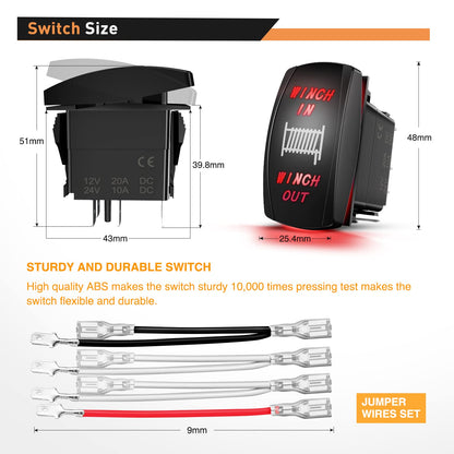 Waywe Winch Rocker Switch Momentary Toggle Switch ON Off ON Switch DPDT 7Pin 12V 24V Switch Jumper Wires Winch in Out Switch Red for Cars Trucks Caravans Boats