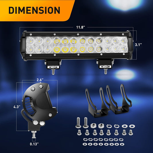 Waywe 12 Inch 72W Led Light Bar Spot Flood Combo with 16AWG 3Pin Rocker Switch Wiring Harness kit