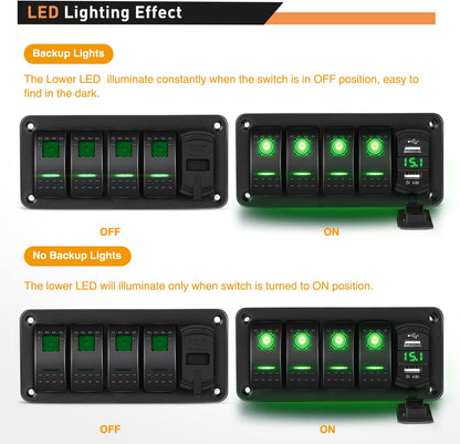 Waywe 4 Gang Rocker Switch Panel Green Backlit with 4.8 Amp Dual USB Charger Voltmeter Waterproof 12V 24V DC Rocker Switch  for Car Trucks Boats RVs