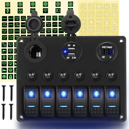 Waywe 6 Gang ON Off Rocker Switch Panel Blue Backlit 12V 24V LED Digital Voltmeter 3.1A Dual USB Charger Cigarette Lighter Socket Overload Protection Switch Panel for Cars RVs Boats