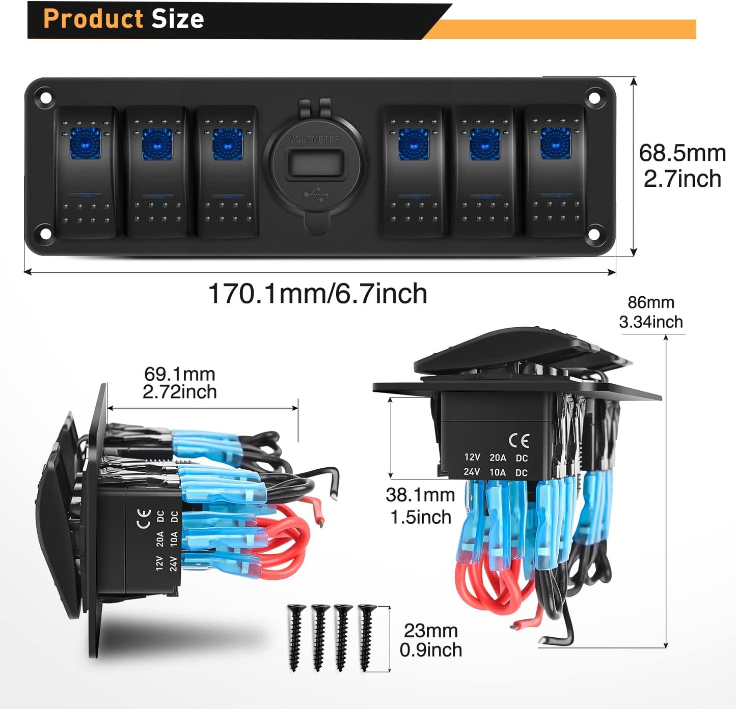 Waywe 6 Gang Rocker Switch 12V SPST ON Off QC 3.0 USB Charger Voltmeter Waterproof Aluminum Panel for Boats Cars RVs Trucks