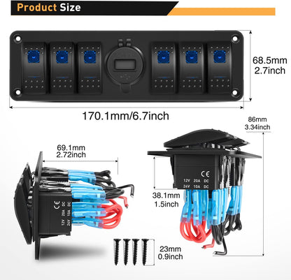 Waywe 6 Gang Rocker Switch 12V SPST ON Off QC 3.0 USB Charger Voltmeter Waterproof Aluminum Panel for Boats Cars RVs Trucks