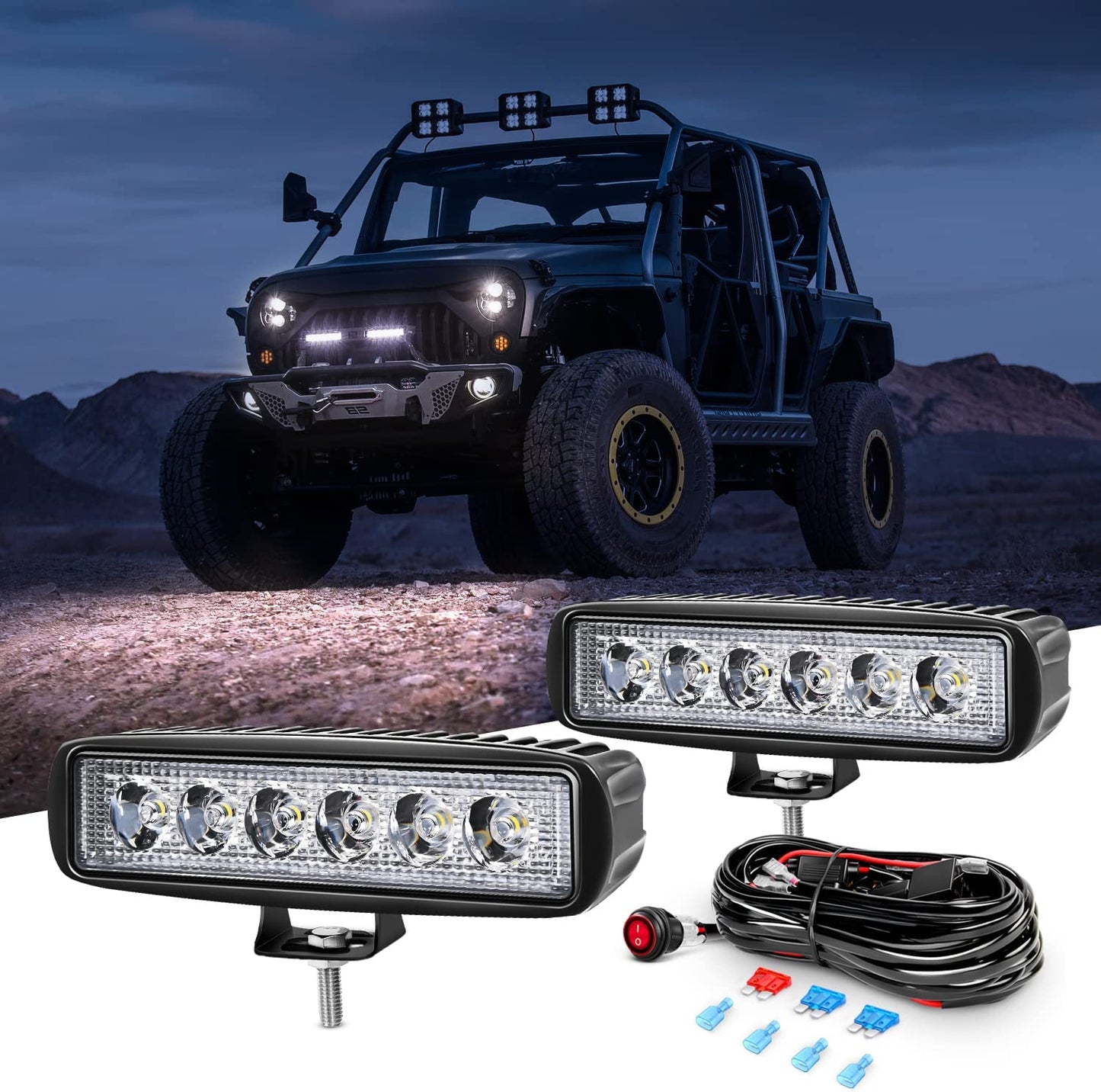 Waywe 2 PCS 18w Spot Led Light Bar Work Light Pods Off Road Driving Light Fog Light Reverse Lights with 16AWG Off Road Wiring Harness-2 Leads for Truck Truck Boat SUV ATV