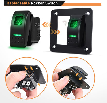 Waywe 2 Gang Rocker Switch Panel 12V 24V DC Green Switches Aluminum Panel 5Pin ON Off PreWired Toggle Switch Panel Waterproof for Cars Boats ATVs UTVs