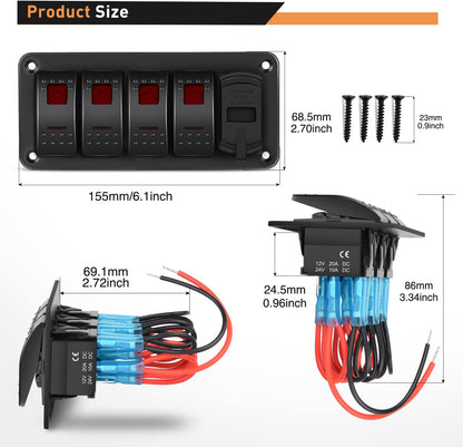 Waywe 4 Gang Rocker Switch Panel Red Backlit with 4.8 Amp Dual USB Charger Voltmeter Waterproof 12V 24V DC Rocker Switch  for Car Trucks Boats RVs