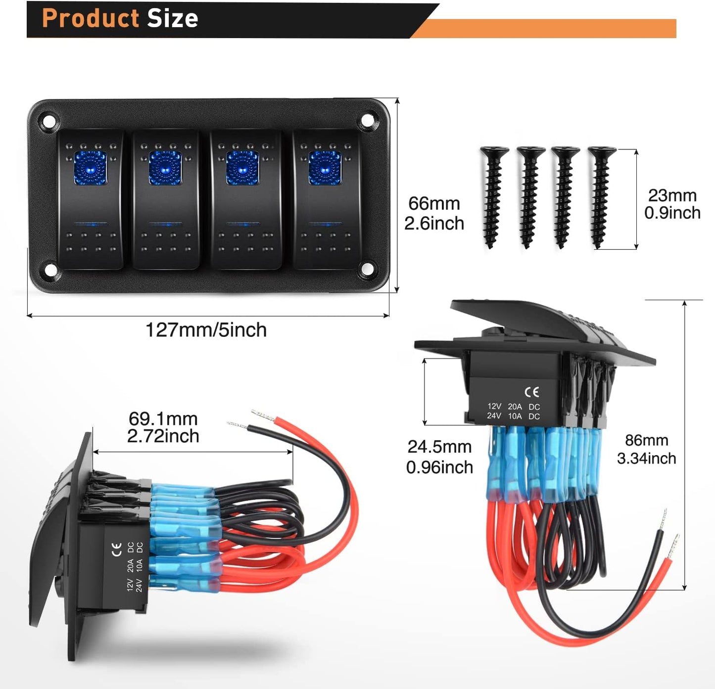 Waywe 4 Gang Aluminum Rocker Switch Panel Blue
