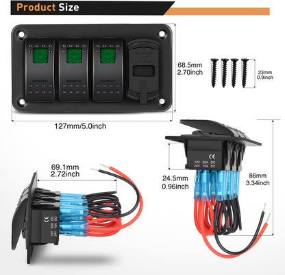 Waywe 3 Gang Rocker Switch Panel Green Backlit with 4.8 Amp Dual USB Charger Voltmeter Waterproof 12V 24V DC Rocker Switch  for Car Trucks Boats RVs