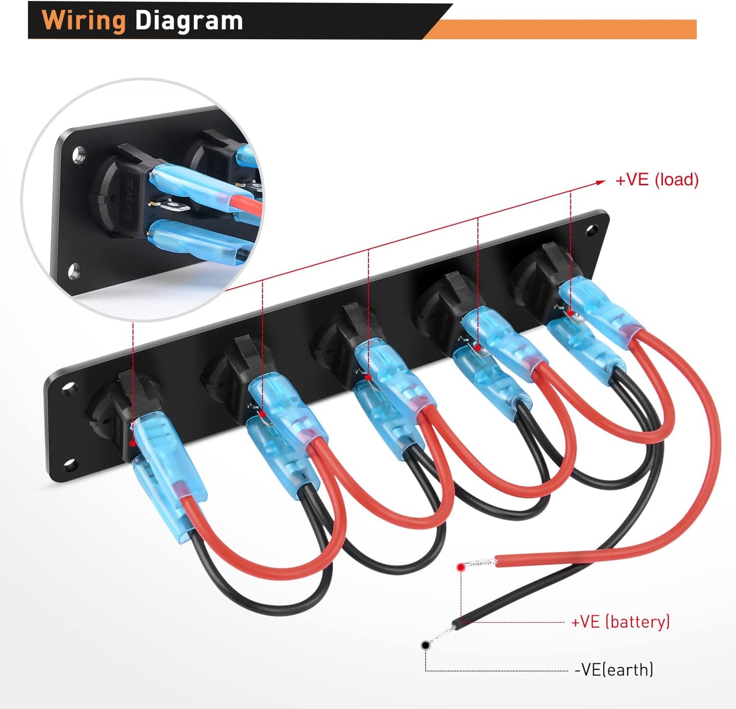 Waywe 5 Gang 3 Pin Rocker Switch Panel 20A Waterproof On Off 12V Red Toggle Switch for Cars Trucks Boats