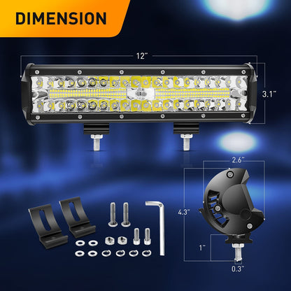 Waywe 12 Inch 300W Triple Row Led Light Bar Spot Flood Combo with 16AWG 3Pin Rocker Switch Wiring Harness kit