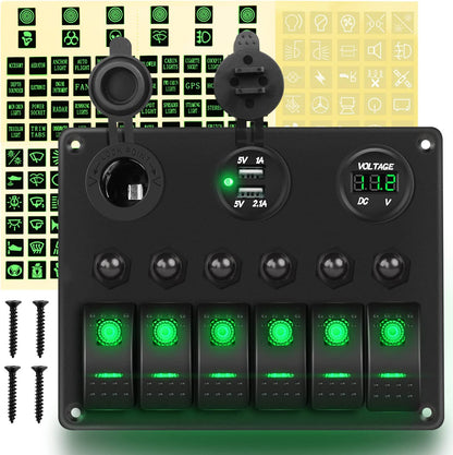Waywe 6 Gang ON Off Rocker Switch Panel Green Backlit 12V 24V LED Digital Voltmeter 3.1A Dual USB Charger Cigarette Lighter Socket Overload Protection Switch Panel For Cars RVs Boats