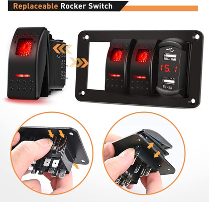Waywe 3 Gang Rocker Switch Panel Red Backlit with 4.8 Amp Dual USB Charger Voltmeter Waterproof 12V 24V DC Rocker Switch  for Car Trucks Boats RVs