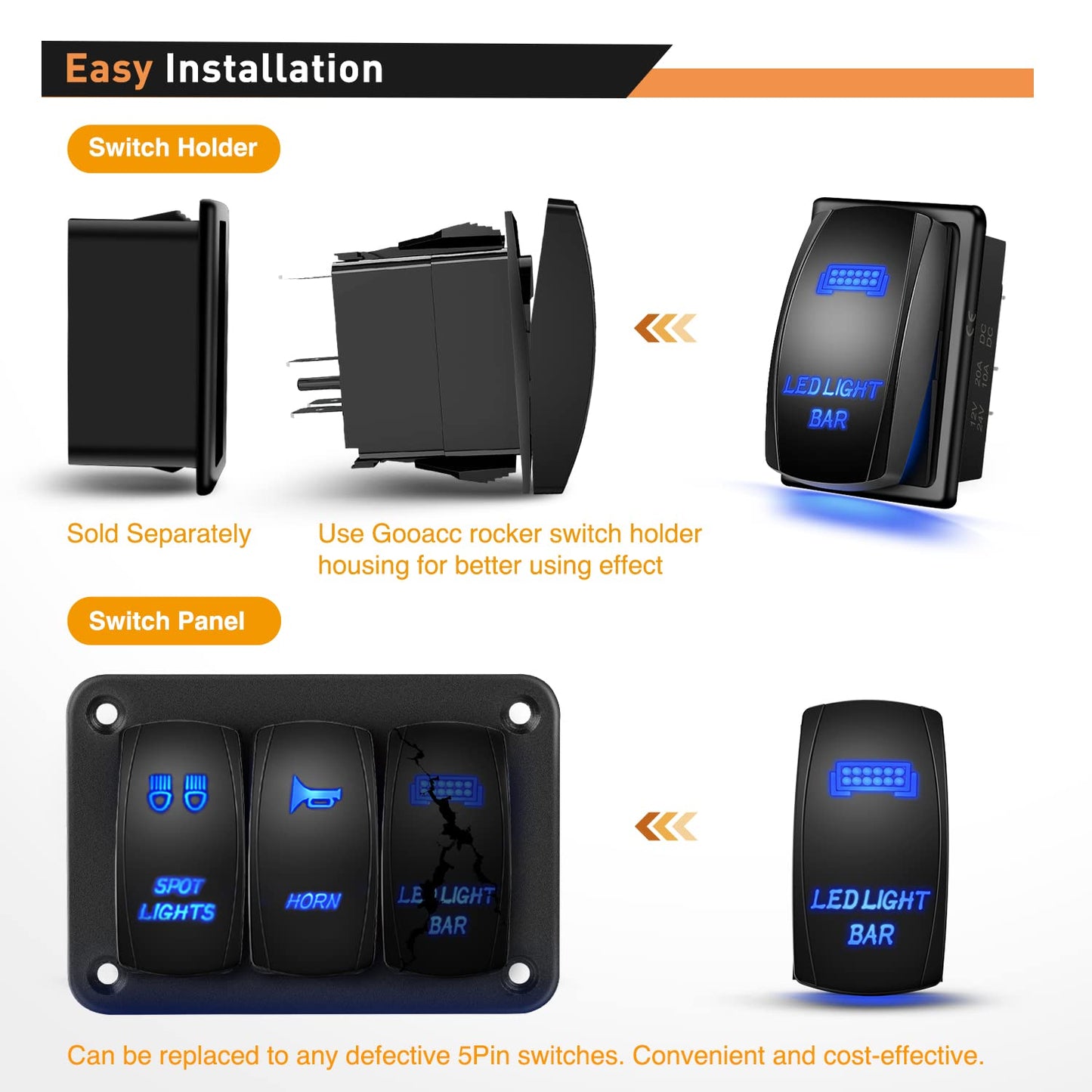 Waywe LED Light Bar Rocker Switch 5Pin Laser On Off Light 20A 12V 10A 24V Blue Jumper Wires Set for Jeep Boat Trucks