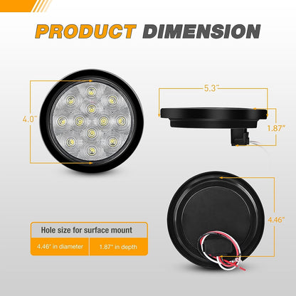 Waywe 4 Inch Round Trailer Tail Light 2 PCS 12 LED Amber Turn Signals Lights w/Surface Mount Grommets Plugs IP67 Waterproof for Truck RV Tractor