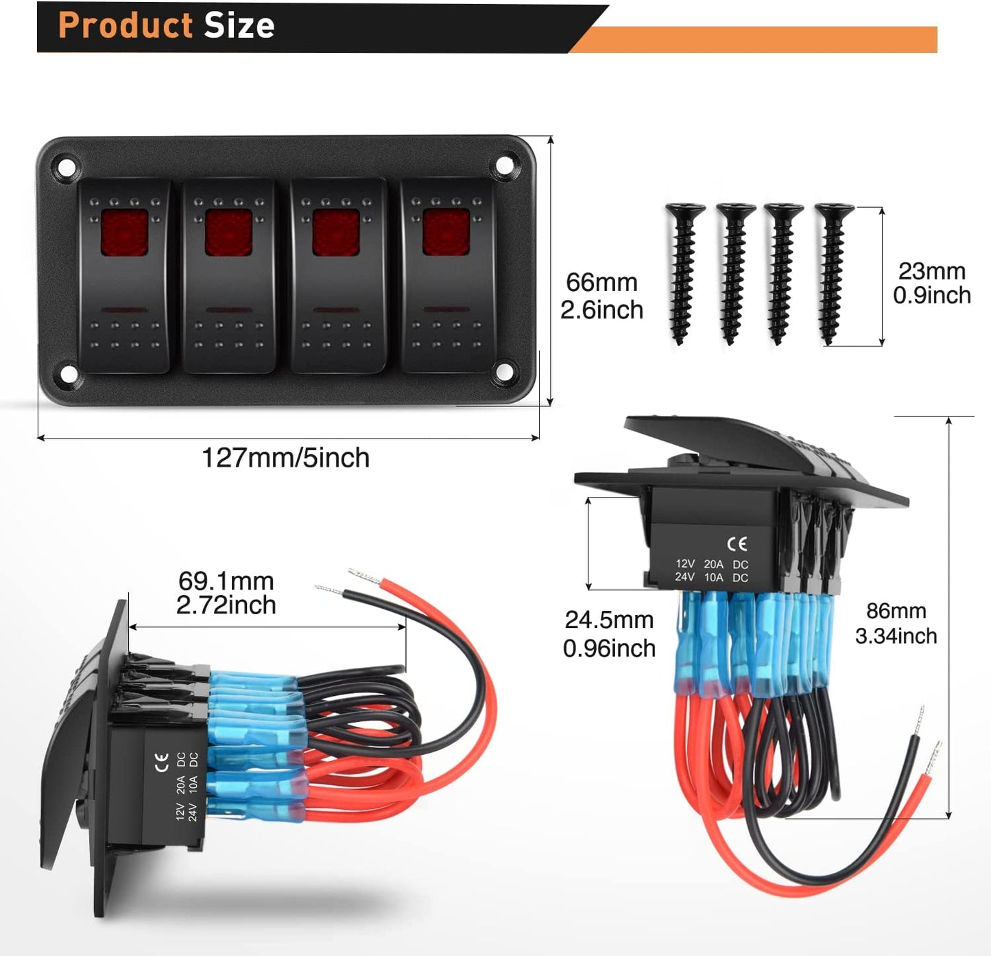 Waywe 4 Gang Rocker Switch Panel 5Pin On Off Toggle Switch Aluminum Holder 12V 24V Dash Pre-Wired Red Backlit Switches for Automotive Cars Marine Boats RVs Truck