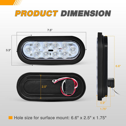 Waywe 6Inch Oval Trailer Tail Light 2PCS 10LED White Reverse Back Up Lights w/Surface Mount Grommets Plugs IP67 Waterproof for Truck RV Tractor
