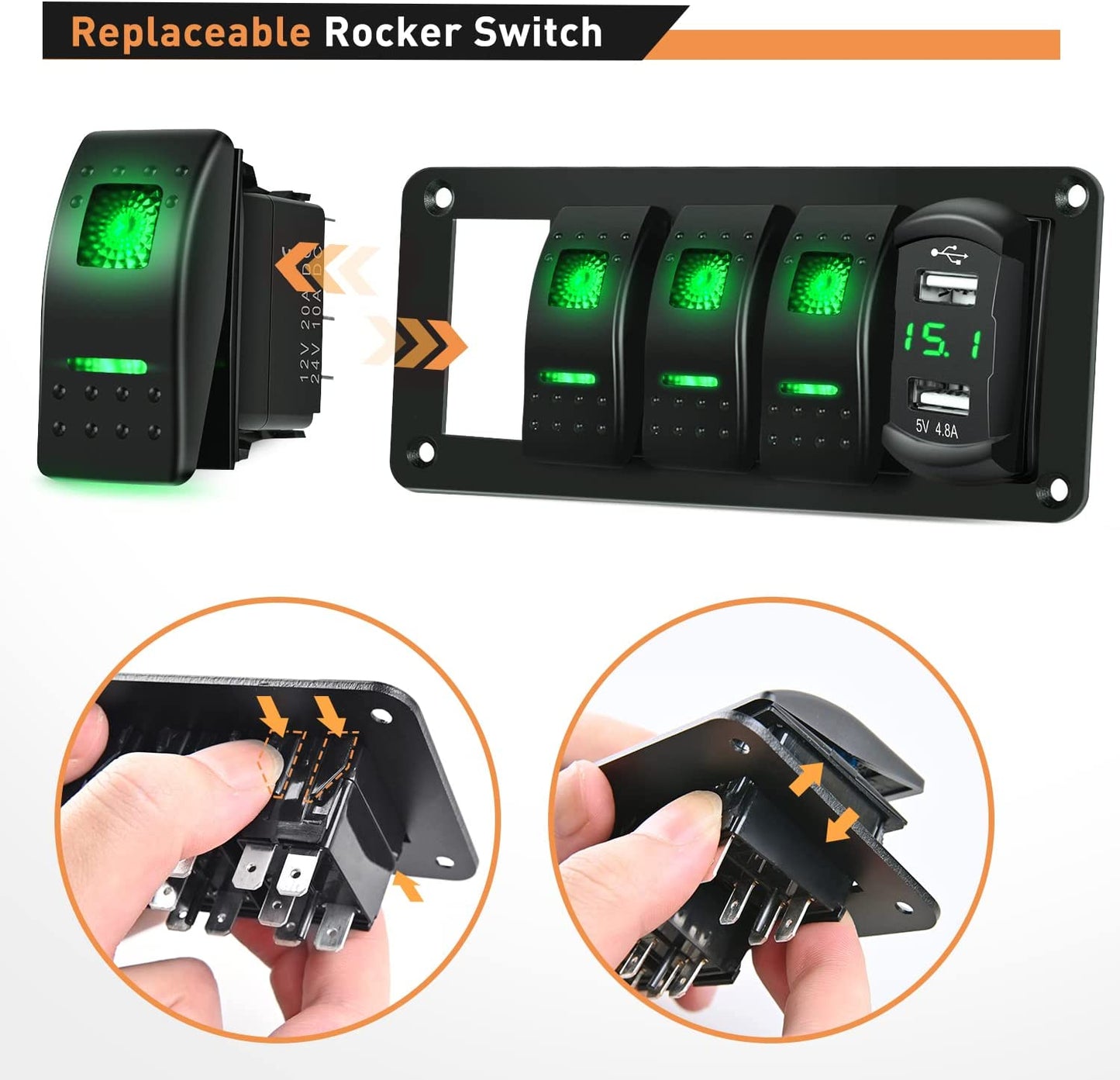 Waywe 4 Gang Rocker Switch Panel Green Backlit with 4.8 Amp Dual USB Charger Voltmeter Waterproof 12V 24V DC Rocker Switch  for Car Trucks Boats RVs