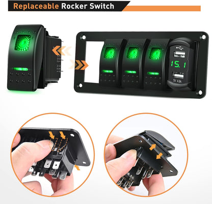 Waywe 4 Gang Rocker Switch Panel Green Backlit with 4.8 Amp Dual USB Charger Voltmeter Waterproof 12V 24V DC Rocker Switch  for Car Trucks Boats RVs