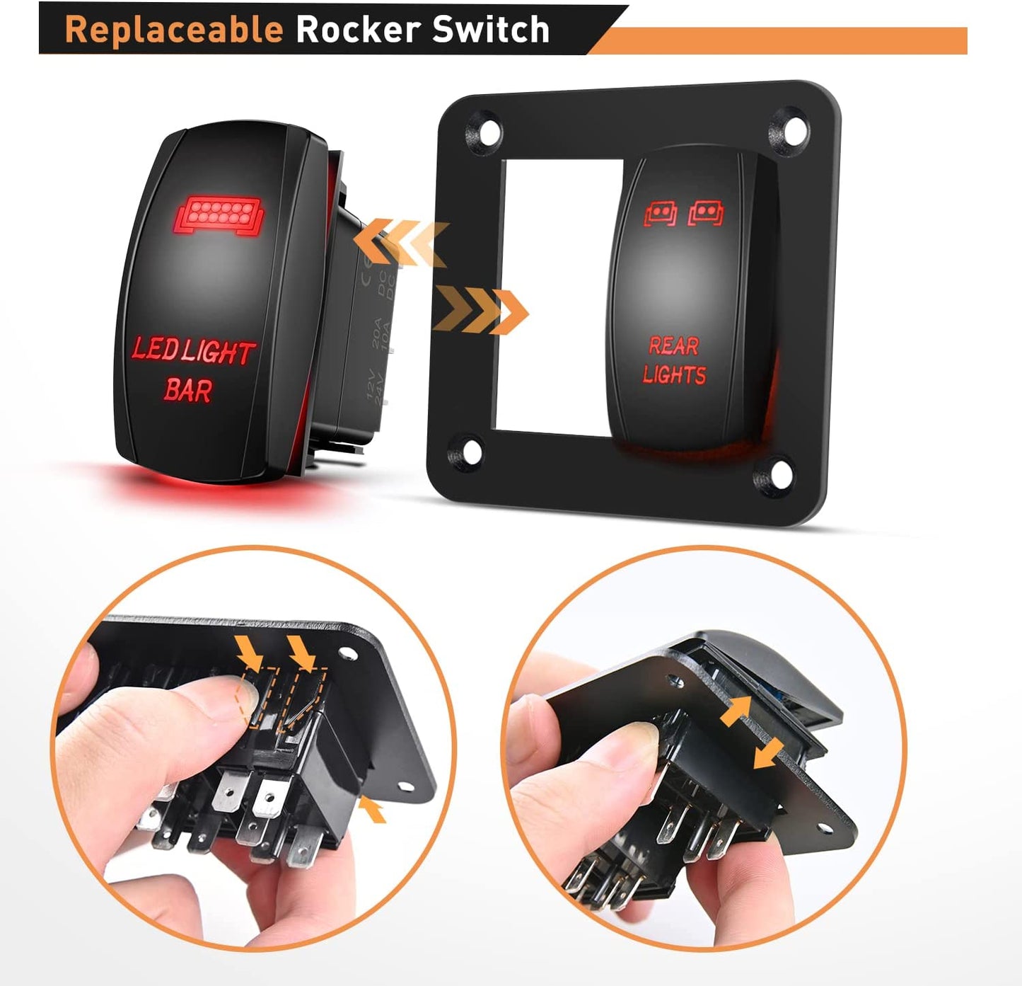 Waywe 2 Gang Rocker Switch Panel LED Light Bar Switch Rear Lights Switch 12 24V DC Red Switches 5Pin ON Off Pre-Wired Toggle Switch Panel for Cars ATVs UTVs