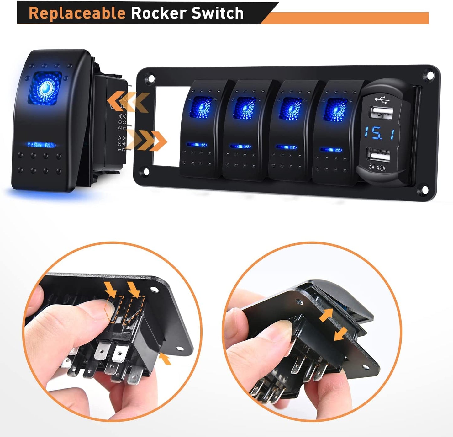 Waywe 5 Gang Rocker Switch Panel Blue Backlit with 4.8 Amp Dual USB Charger Voltmeter