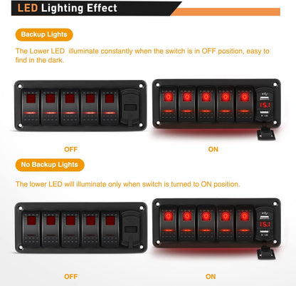 Waywe 5 Gang Rocker Switch Panel Red Backlit with 4.8 Amp Dual USB Charger Voltmeter Waterproof 12V 24V DC Rocker Switch  for Car Trucks Boats RVs