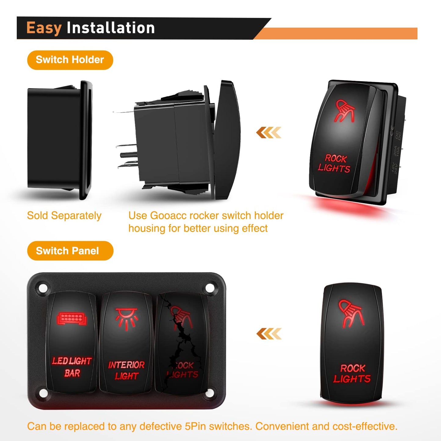 Waywe Rock Lights Rocker Switch Led Light Bar Switch 5Pin Laser On Off SPST switches 20A 12V 10A 24V Switch Red with Jumper Wires Set for Cars Trucks RVs