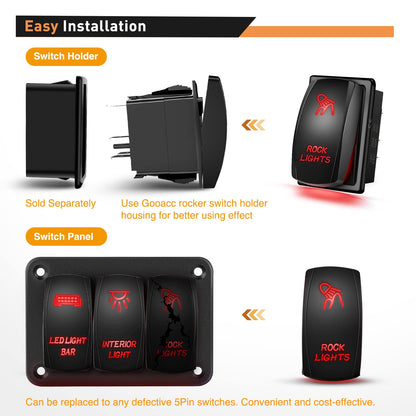 Waywe Rock Lights Rocker Switch Led Light Bar Switch 5Pin Laser On Off SPST switches 20A 12V 10A 24V Switch Red with Jumper Wires Set for Cars Trucks RVs
