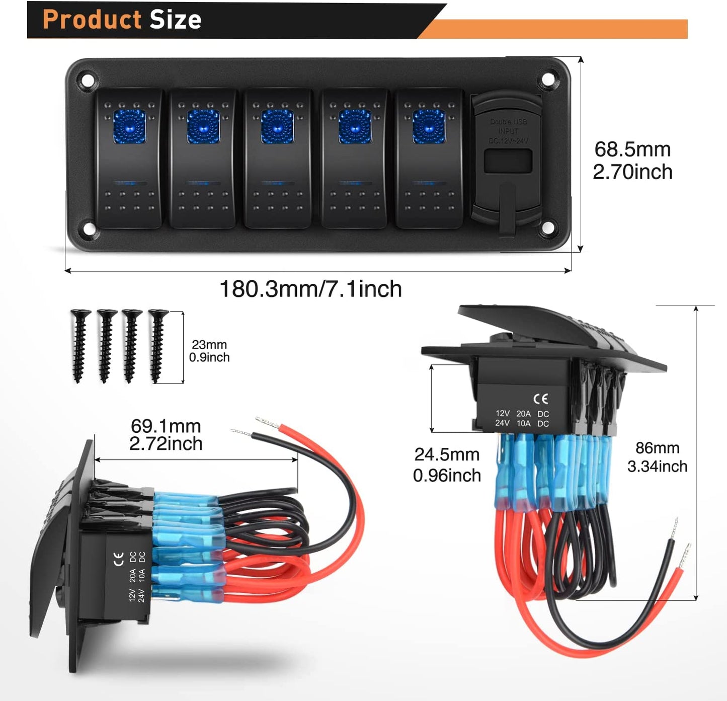 Waywe 5 Gang Rocker Switch Panel Blue Backlit with 4.8 Amp Dual USB Charger Voltmeter