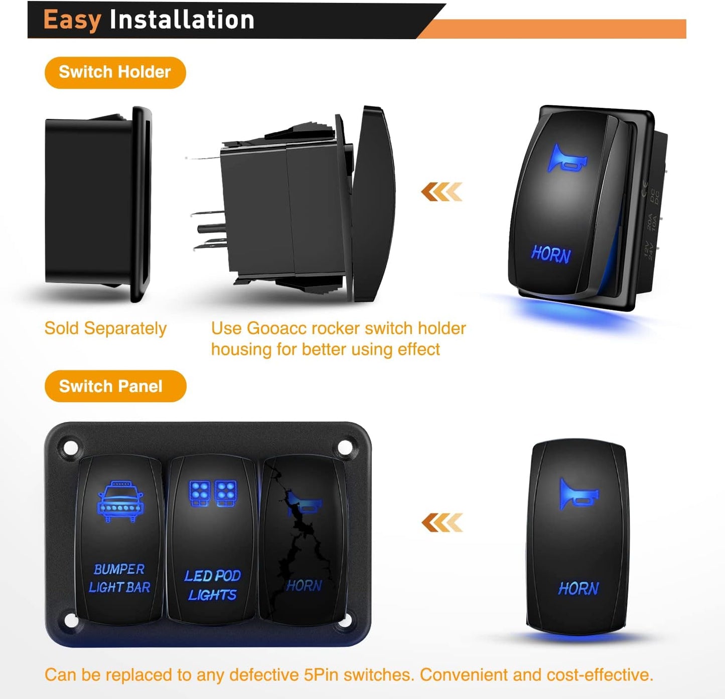 Waywe Horn Switch Momentary Laser Rocker Switch 5PIN On Off LED Light 20A 12V 10A 24V Switch with Jumper Wires Set for Cars Jeeps Boats Trucks