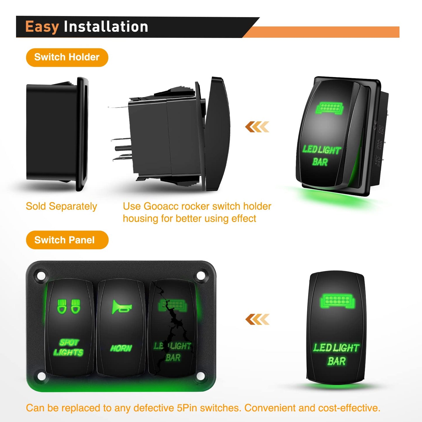 Waywe LED Light Bar Rocker Switch 5Pin Laser On Off Lights 20A 12V 10A 24V Switches Green Jumper Wires Set for Jeep Boat Trucks