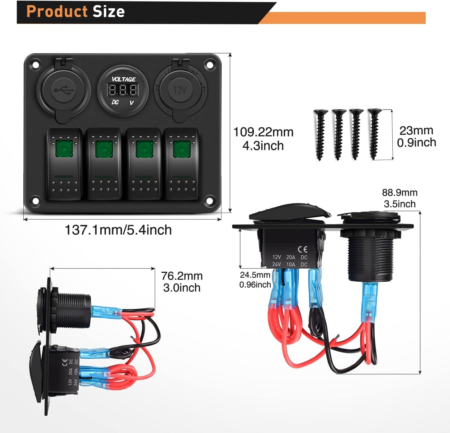 Waywe 4 Gang Rocker Switch Panel with USB Charger Voltmeter and Cigar Lighter 12V 24V Toggle Switch ON Off Rocker Switch Green for Cars Rvs Trucks