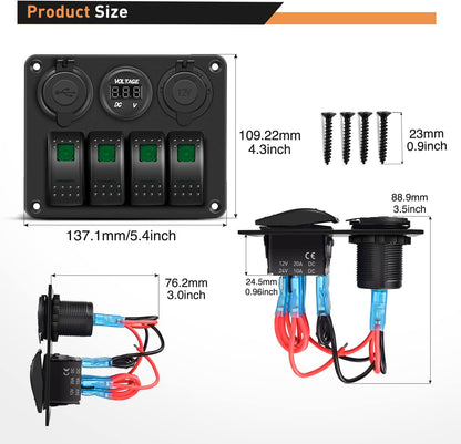 Waywe 4 Gang Rocker Switch Panel with USB Charger Voltmeter and Cigar Lighter 12V 24V Toggle Switch ON Off Rocker Switch Green for Cars Rvs Trucks