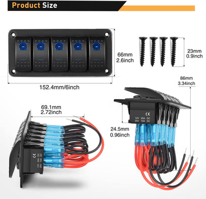 Waywe 5 Gang Aluminum Rocker Switch Panel Blue