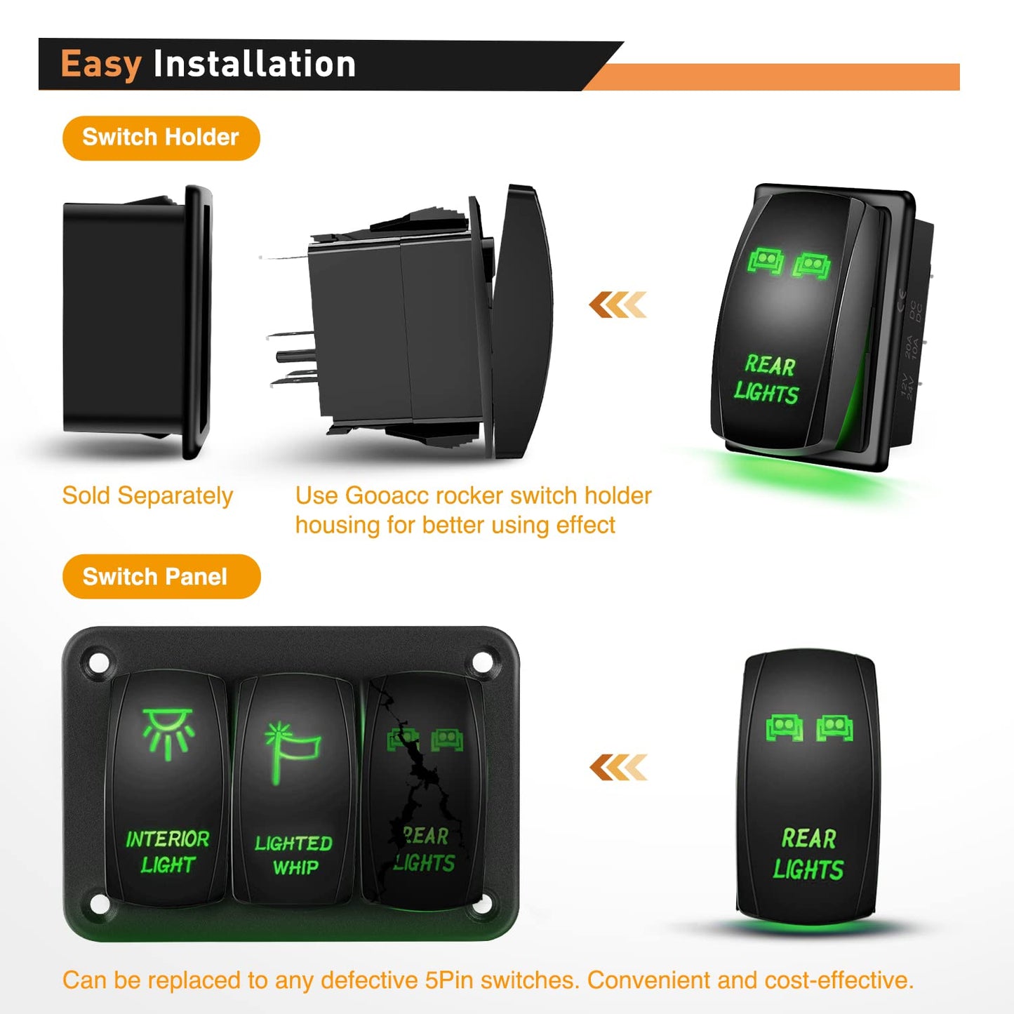 Waywe Rear Lights Rocker Switch Led Light Bar Switch 5Pin Laser On Off switches Green 20A 12V 10A 24V Switch with Jumper Wires Set for Cars Trucks RVs