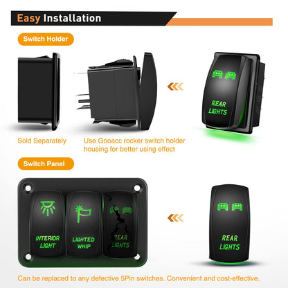 Waywe Rear Lights Rocker Switch Led Light Bar Switch 5Pin Laser On Off switches Green 20A 12V 10A 24V Switch with Jumper Wires Set for Cars Trucks RVs