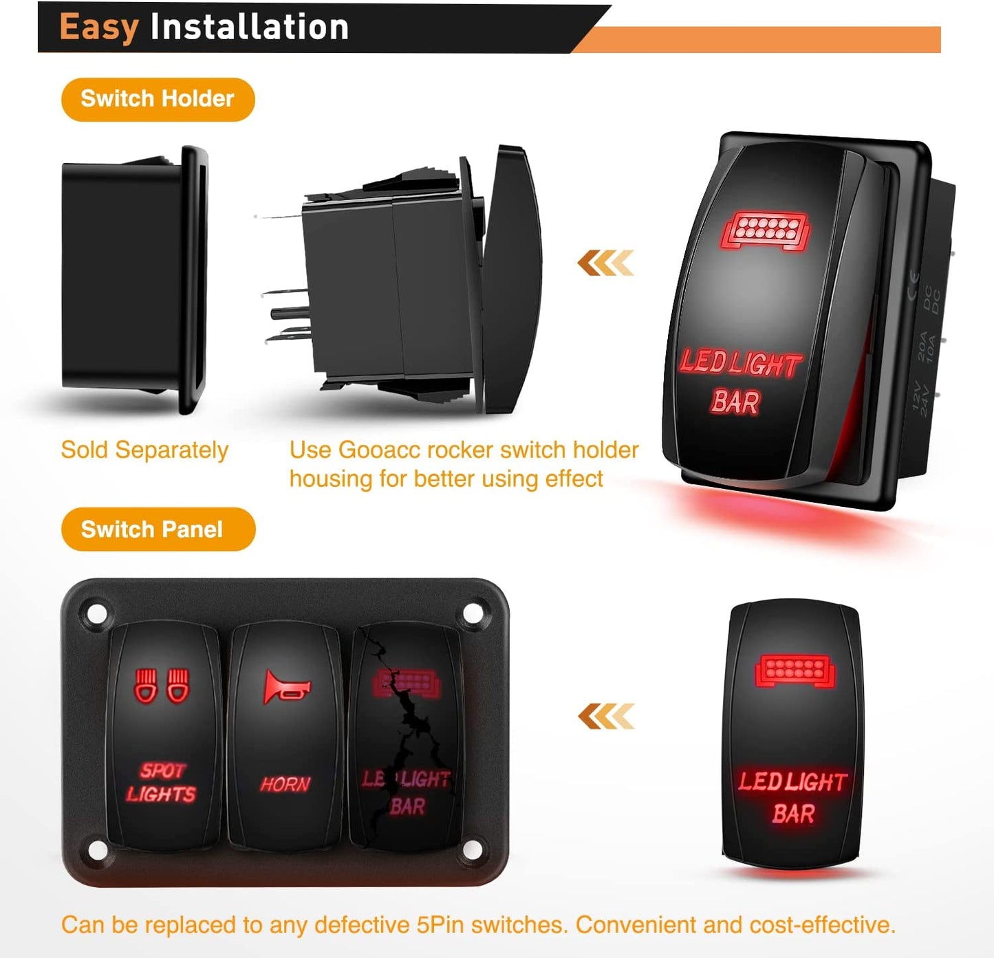 Waywe 2 Gang Rocker Switch Panel LED Light Bar Switch Rear Lights Switch 12 24V DC Red Switches 5Pin ON Off Pre-Wired Toggle Switch Panel for Cars ATVs UTVs