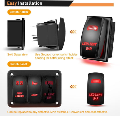 Waywe 2 Gang Rocker Switch Panel LED Light Bar Switch Rear Lights Switch 12 24V DC Red Switches 5Pin ON Off Pre-Wired Toggle Switch Panel for Cars ATVs UTVs