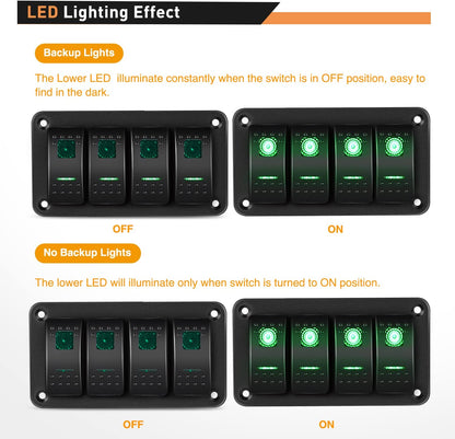 Waywe 4 Gang Rocker Switch Panel 5Pin On Off Toggle Switch Aluminum Holder 12V 24V Dash Pre-Wired Green Backlit Switches for Automotive Cars Marine Boats RVs Truck