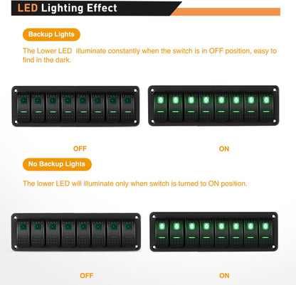 Waywe 8 Gang Rocker Switch Panel 5Pin On Off Toggle Switch Aluminum Holder 12V 24V Dash Pre-Wired Green Backlit Switches for Automotive Cars Marine Boats RVs Truck