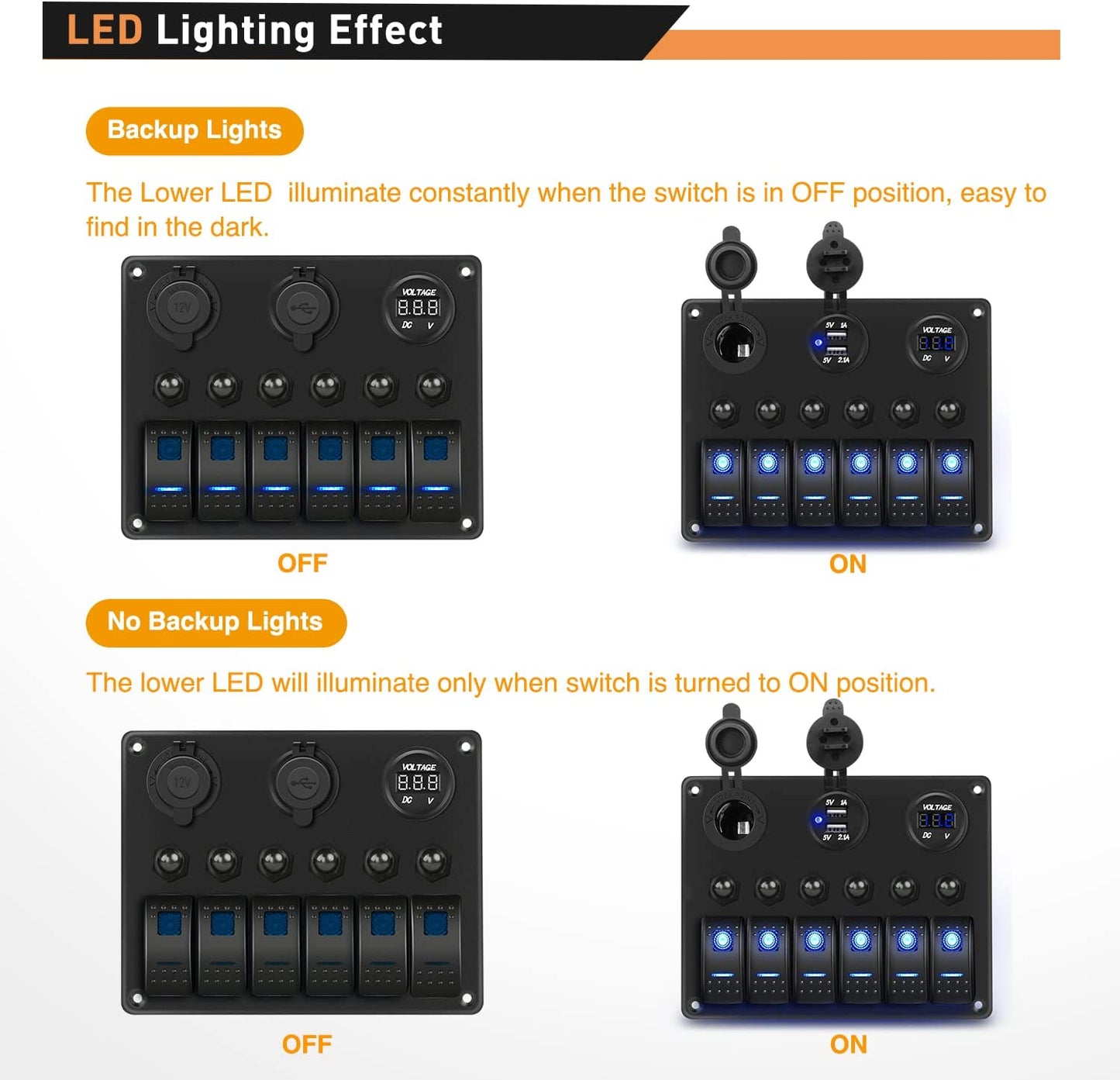 Waywe 6 Gang ON Off Rocker Switch Panel Blue Backlit 12V 24V LED Digital Voltmeter 3.1A Dual USB Charger Cigarette Lighter Socket Overload Protection Switch Panel for Cars RVs Boats