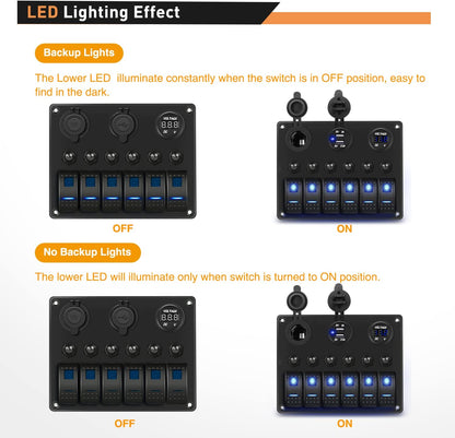 Waywe 6 Gang ON Off Rocker Switch Panel Blue Backlit 12V 24V LED Digital Voltmeter 3.1A Dual USB Charger Cigarette Lighter Socket Overload Protection Switch Panel for Cars RVs Boats